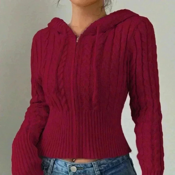 Red Casual Women's Plain Zippered Hooded Drawstring Cardigan